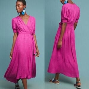 Anthropologie Maeve Breanna Wrap Midi Dress Smocked Sleeves V-Neck Magenta Sz 6